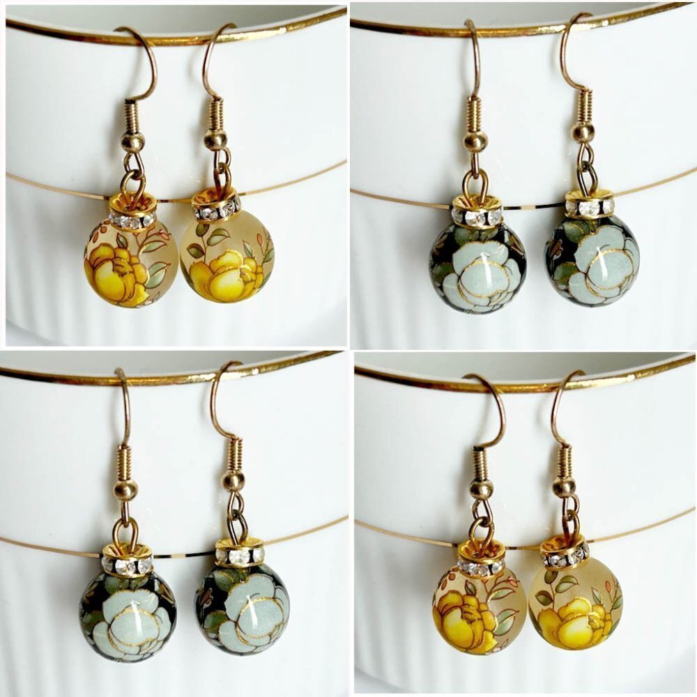 NEW Cloisonné Earrings 2 PAIRS Colorful Floral Jewelry Enamel Rhinestones Hook - Picture 6 of 7